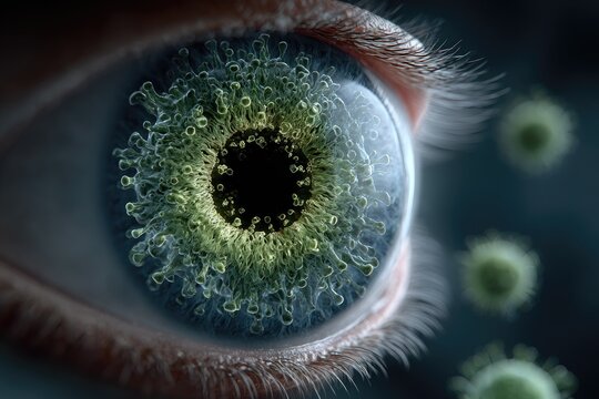 Close-up of an eye, with viral particles visible on the iris and surrounding it