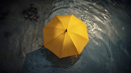 Yellow umbrella floating on water with ripple reflections.