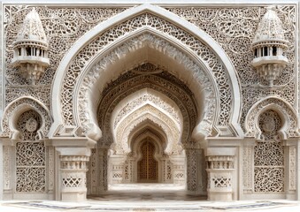 Obraz premium Ornate arches and doorways in a light beige stone, creating a perspective of a long corridor