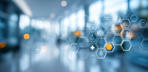 Abstract medical technology overlaying a blurred interior space