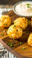 Crispy appetizer balls on a wooden board with a creamy sauce