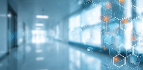 Blurred interior hallway, overlaid with abstract hexagonal patterns