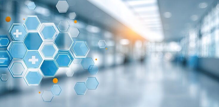 Abstract medical technology graphic overlaid on a blurred hospital hallway