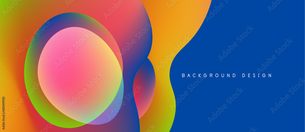 Poster abstract colorful layers create dynamic visual effect. gradient hues blend, forming circular, flowin