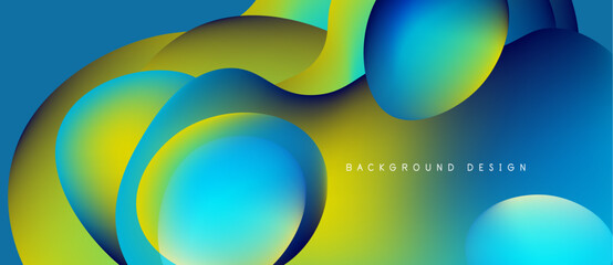 Abstract fluid shapes blend vibrant blues, yellows. Dynamic composition creates modern background design. Smooth gradients offer visual interest.