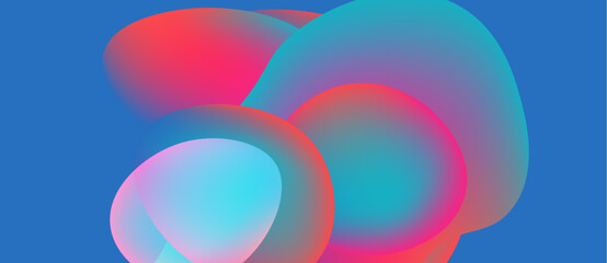 Abstract shapes overlap, creating vibrant color gradients. Blues, pinks, purples blend seamlessly against blue background. Modern design.