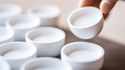 Hand Holding a Small White Cup Among Several Others