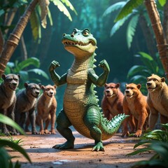 Animated Crocodile and Dogs in Jungle