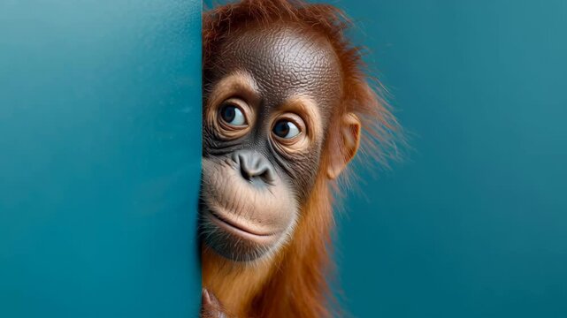 Playful young orangutan peeks around a blue wall, showcasing curiosity and charm, as it transitions from a curious gaze to a thoughtful expression in a captivating motion sequence
