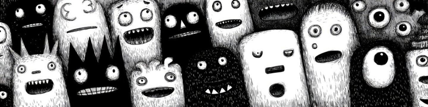 A black and white illustration of many bizarre, expressive monsters