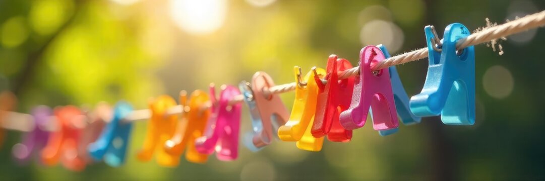 A colorful array of clothes pegs clinging to a taut clothesline, drying laundry outdoors in bright sunlight  Perfect for themes of spring cleaning, home life, and rustic charm ,  rustic,  home