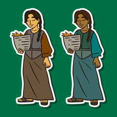 Medieval peasant woman with wheat in traditional attire sticker illustration