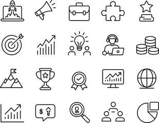 Business Icons Rocket Megaphone Briefcase Puzzle Trophy Award Target Graph success startup