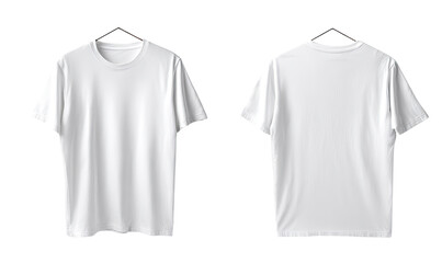 Blank white t-shirt, front and back view, on hanger