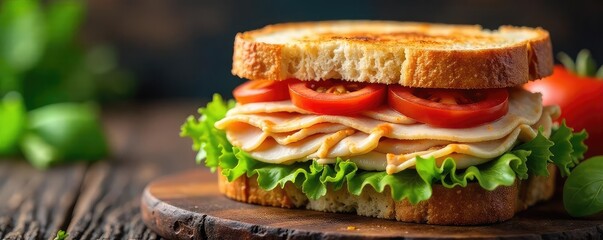 A delicious turkey sandwich overflowing with juicy slices of roasted turkey breast, crisp lettuce, ripe tomato, and creamy mayonnaise on toasted artisan bread , tomato, home cooking