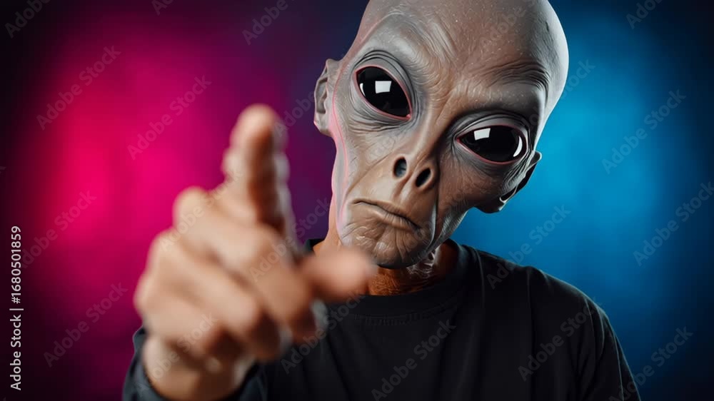 Aufkleber alien figure with large expressive eyes points forward, showcasing a captivating interaction in a vi
