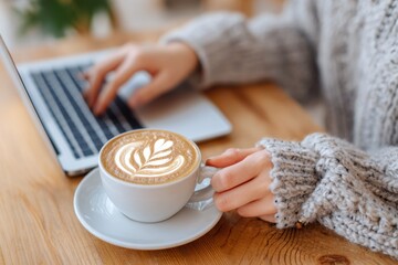 Freelancer working remotely on laptop and drinking cappuccino in cafe