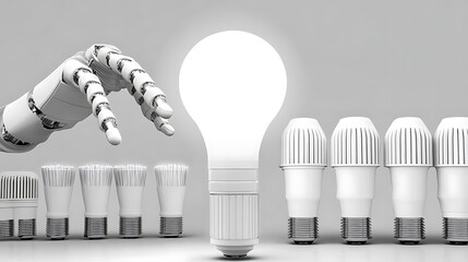 Robot Hand Selecting a Bright Light Bulb Among Many