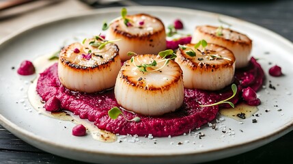 Close-up showcases pan-seared scallops with golden crust beetroot puree microgreens and sea salt flakes for food blogs restaurant menus and gourmet magazine features concept