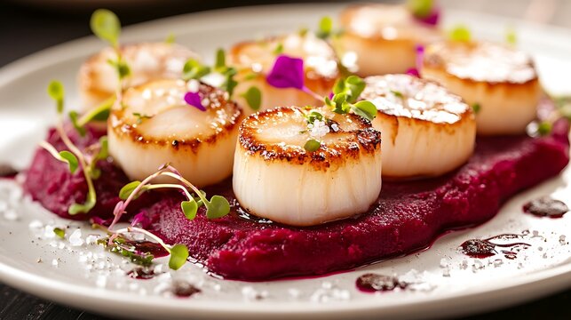 Close-up of seared scallops with beetroot puree microgreens and sea salt flakes for food blogs restaurant menus culinary magazines and upscale dining concept