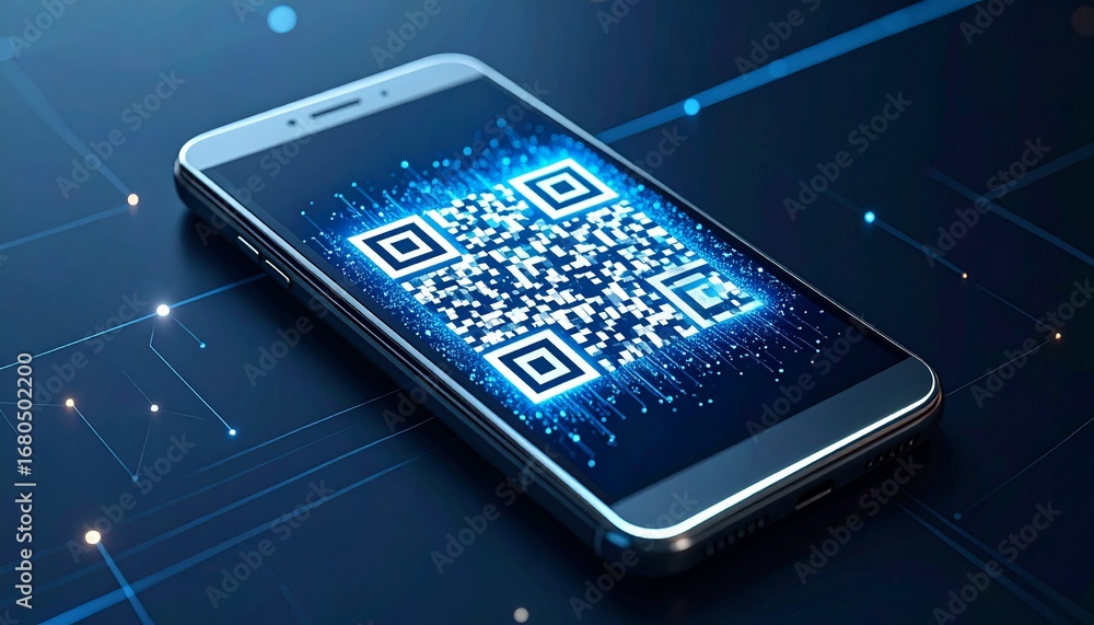 Poster futuristic mobile phone displaying digital qr code , generated with ai.