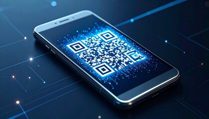 Futuristic Mobile Phone Displaying Digital QR Code , Generated with AI.
