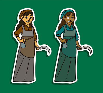 medieval kitchen maid sticker with apron and scythe sticker illustration