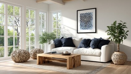 Bright, airy living room with large windows, a white sofa, and natural elements