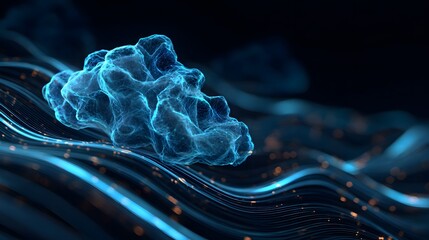 A dynamic, glowing blue, abstract form floats amidst a network of flowing lines, creating a captivating visual representation of complex data or molecular structure.