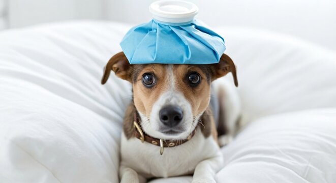 Adorable dog with soulful eyes recovering with ice pack on head needs your get well wishes - share the caring and healing vibes today