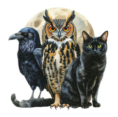 Fototapeta premium Witch’s Familiar Animals Trio - Cat, Owl, Raven, Halloween Clipart, Mystical, Transparent Background, Highly Detailed