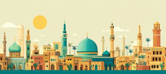 Grand mosque and city skyline. Drawing illustration design. Generative AI technology.	
