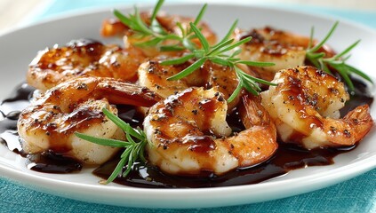 Roasted shrimp in a dark sauce, garnished with rosemary