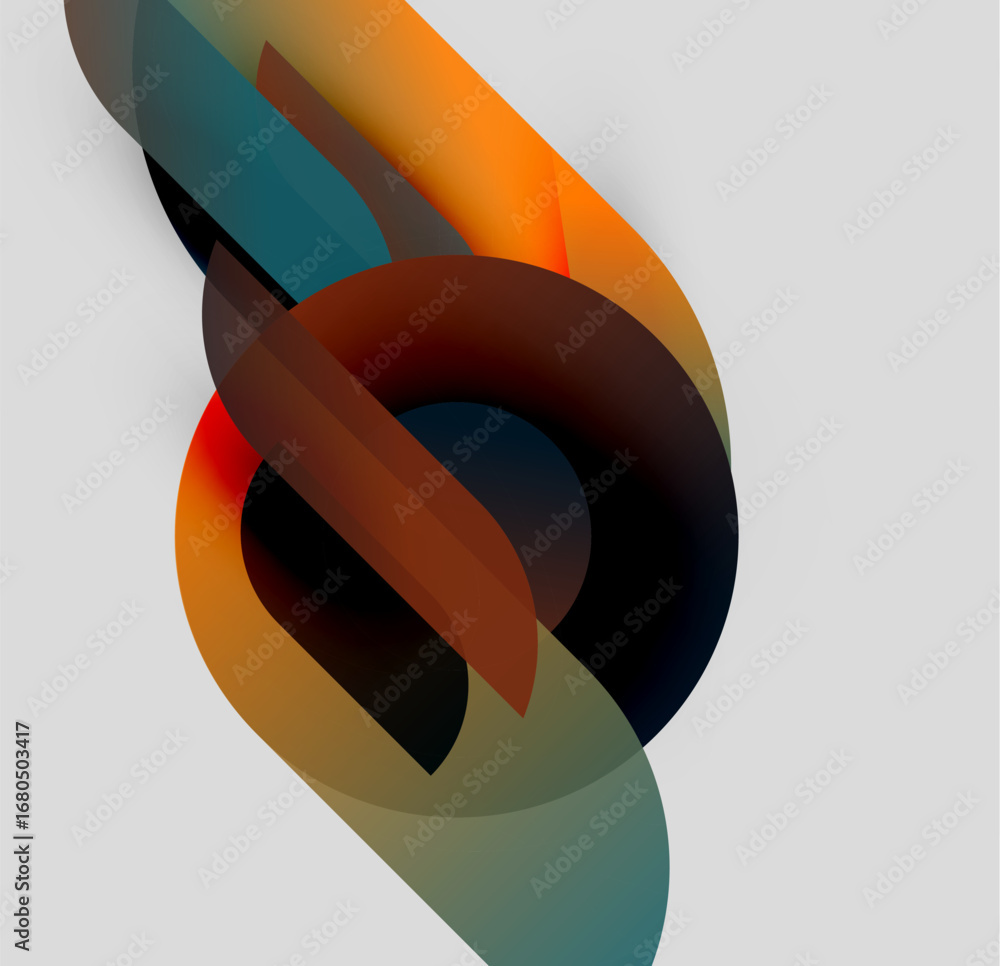 Poster abstract shapes overlap, creating dynamic composition. warm, cool tones blend, forming fluid visual 