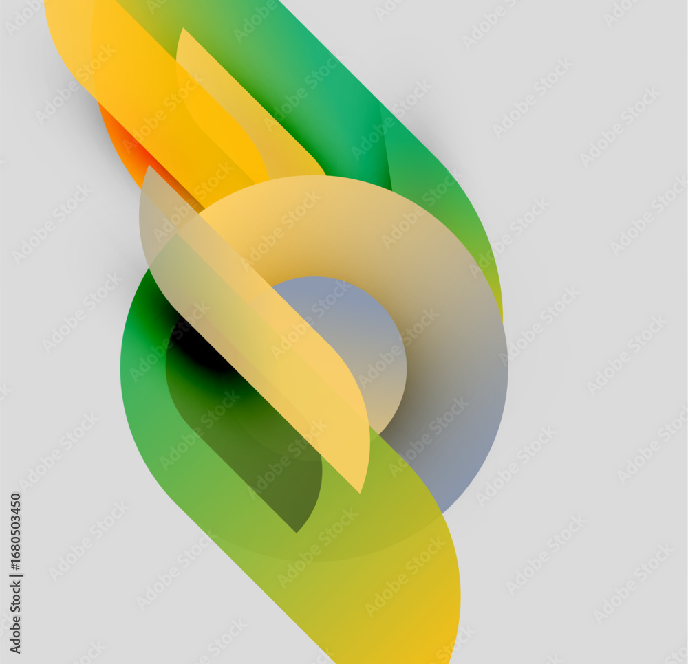Poster abstract composition featuring overlapping translucent shapes. yellows, greens, oranges create dynam