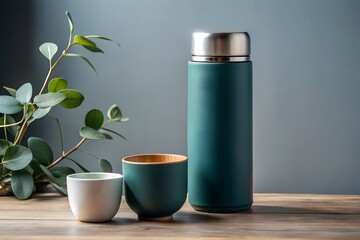 Modern Still Life with Green Thermos Cups and Greenery on Wood