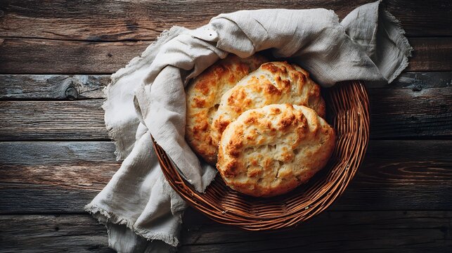 Top view of freshly baked bannock breads in basket on rustic wooden table.