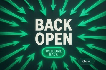 Naklejka premium BACK OPEN and WELCOME BACK promotion banner with glowing neon style, inviting retail sales offer.