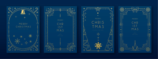 Set of modern Christmas frames or holiday greeting cards on blue background. Line art vector illustration