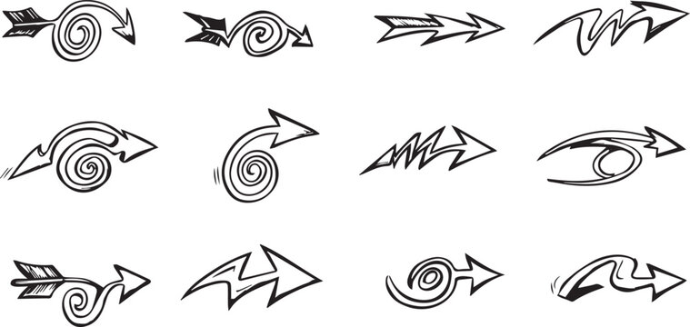 Hand Drawn Arrow Collection with Swirls and Geometric Designs vector illustration