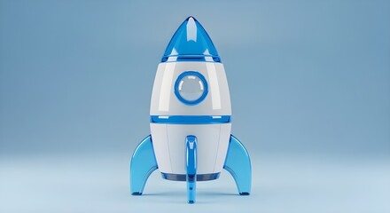 Blue and White 3D Rendered Rocket Ship on Light Blue Background spaceship spacecraft