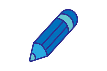 The image shows a 3D pencil icon in blue tones. The pencil is illustrated in an isometric style, with a pointed tip on one side and a rounded eraser on the other.