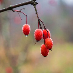 Red berries on branch in soft focus