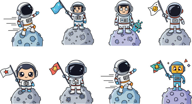 Cute cartoon astronaut illustration, space explorer characters on moon with flags and alien, kids space adventure clipart for education design