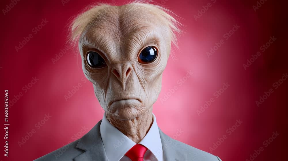 Poster alien character with large expressive eyes and unique features, dressed in a tailored suit, transiti