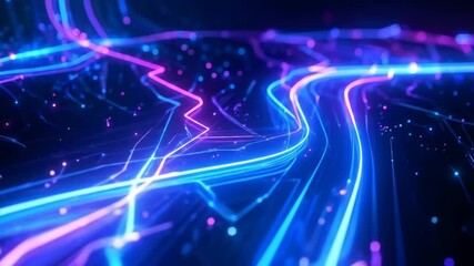 Futuristic neon circuit board animation, digital network with data flow and glowing light trails - Powered by Adobe