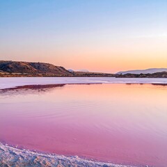 A serene, pastel-hued lake reflects the soft light of a tranquil sunrise over rolling hills.