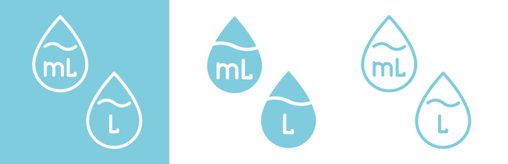 flat and linear set icons, liter icon, drop liquid, capacity water, simple symbols on white and black background - editable stroke vector illustration