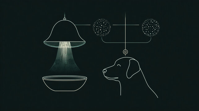 A minimalist, stylized diagram illustrating Pavlov's Dogs and the concept of classical conditioning.