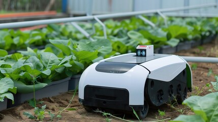 Pest control robot with a compact gray and green body, moving across garden soil or farmland to detect and eliminate pests like insects or larvae, equipped with pest-sensing tools and a targeted spray